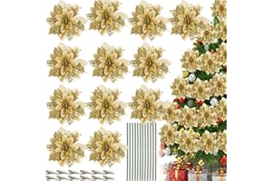 QXNDXQ 12PCS Scintillio Fiori di Natale Poinsettia Artificiali,Fiori Artificiali per Alberi di Natale con Stelo e Clip,per Albero di Natale Festivo,Ghirlanda,Feste di Matrimonio Addobbi (oro)