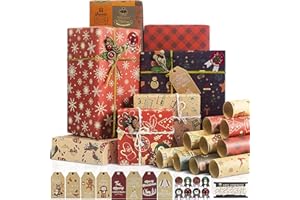 Larcenciel 10 Fealiures Papier Kraft Emballage Cadeau Avec Étiquettes De NoëL + Ruban +Autocollants, Rouge Et Brun, Pour NoëL, Enfant Anniversaire, Pâques, Craft
