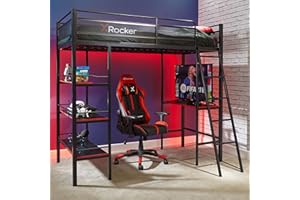 X-Rocker Fortress Bunk Bed with Desk Gaming Bed, Metal Kids Loft Bed Frame with 3 Shelves and Gaming Desk, Space Saving Design for Kids, Teens, Juniors, Single High Sleeper - BLACK