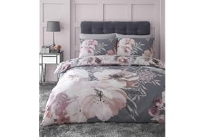 Catherine Lansfield Floreale Drammatico Copripiumino, Poliestere Cotone, Grigio, Set piumone 2 piazze
