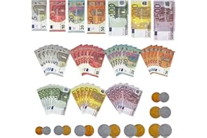 FZSECRIU 140 billetes falsos tamaño original(7 denominaciones) y 48 monedas de plástico(16 tipos)，dinero falsos real euros，billetes de 20 euros reales，para escuelas eventos，las monedas juguete para roleplay