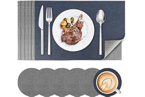 PAVLLEEN Juego de 6 Manteles Individuales y 6 Posavasos de Cuero PU, Lavables, Antideslizantes, Impermeables, Doble Cara, Resistente al Calor – 43 x 30cm (Azul Oscuro + Gris Oscuro)
