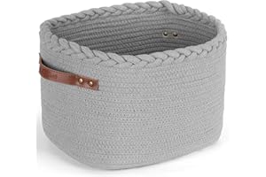 CAFETEE PANIER DE RANGEMENT MODELE BLANC COTON MOTIF TRESSE ET ANSES MARRON RIVETEES HAUTEUR 22CM LONGUEUR 32CM LARGEUR 25CM POUR DRESSING RANGEMENT DECORATION (Gris)