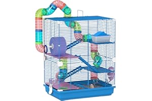 PawHut Jaula para Hámster Casa para Animales Pequeños con Túnel Plataformas Cuenco Bebedero Casita Rampas y Rueda de Ejercicio 46x30x58cm Azul