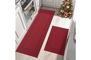 BEQHAUSE Kitchen Rugs Washable Kitchen Mats Floor Non-Slip Kitchen Mats Absorbent Kitchen Runner with TPR Non Skid Backing,Set of 2(60X89cm+60X152cm,Red)