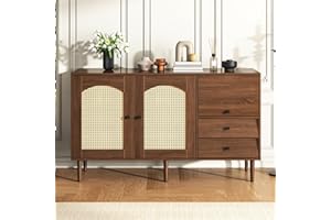 Merax Sideboard Cabinet Cupboard Buffet, with 2 Rattan doors and 2 Drawers, adjustable Shelves, elegant rustic Sideboards for Living Room, Kitchen and Hallway, 130 x 40 x 75.5 cm, Wood tone