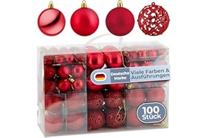 ‎COSIA cosia Weihnachtskugeln Rot Set 50 & 100 - Weihnachtskugeln Kunststoff in vielen Farben & Größen mit vormontierten Schlaufen - 100 Christbaumkugeln Kunststoff - Weihnachtsbaum Kugeln