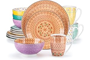 vancasso Tulip Dinnerware Set 16 Pieces Porcelain Dinner Set - Multicolour Japanese Dinner Service Moroccan Crockery with Dinner Plate, Dessert Plate, Cereal Bowl and Mug, Service for 4