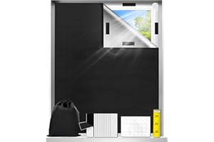 PEAKTOP Zaciemnienie do okien, bez wiercenia, 145 x 200 cm, czarny, przenośny materiał zaciemniający, okno z linijką, zapięcie na rzepy, taśmy nano-klejące, do pokoju dziecięcego, sypialni, podróży