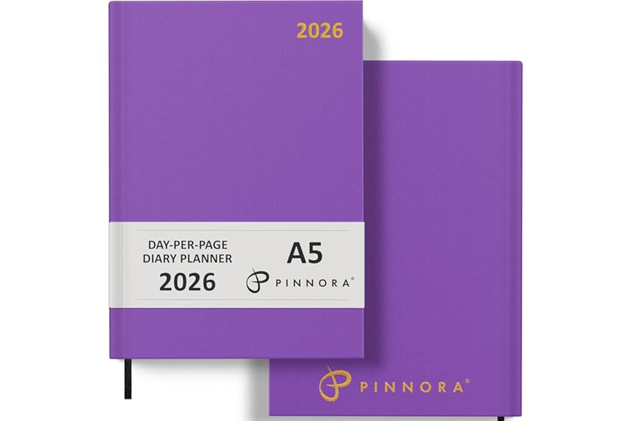 Pinnora Diary 2026 A5 Day Per Page, Purple Year Planner Organiser 2026 Day Per Page, 2026 Planner, Home, School & Office, Hard Back 2026 Diaries, A5 & A4 2026 Diary in Day Per Page & Week To View