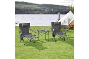 casa.pro Set Pieghevole da Campeggio Tavolino e 2 Sedie Portatili per Pesca Spiaggia Sedie a Sdraio con Schienali Inclinabili Poggiatesta Poggiapiedi Braccioli con Portabottiglia - Grigio