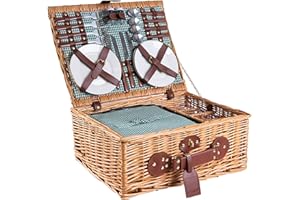 ‎EGENUSS eGenuss Handgefertigtes Picknickkorb für 4 Personen mit Kühlfach, Edelstahlbesteck, Kühlfach, Weingläser und Porzellanteller | GRÜN