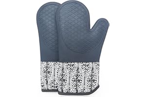 ELCM DETA KITCHEN Heat Resistant Silicone Oven Glove With Quilted Cotton Lining, 1 Pair Non - Slip Extra long Oven Gloves for BBQ, Cooking, Baking, Grilling, Barbecue, Mimicrowave, Machine Washable(Grey)