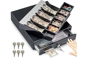 Volcora 13" Manual Push Open Cash Register Drawer for Point of Sale (POS) System, Black Heavy Duty Till with 4 Bills and 5 Coin Slots, Key Lock with Fully Removable Money Tray and Double Media Slots