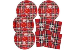 HNH Christmas Paper Plates and Napkins Set 40 Pieces Scottish Snowflake Red Party Tableware for Table Decorations