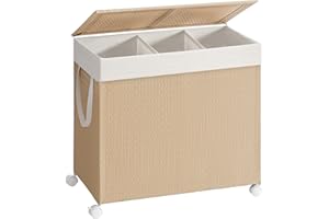 SONGMICS HOME Panier à Linge 3 Compartiments, Corbeille 140 L, Trieur sur Roulettes, Couvercle, Sac avec Poignées, Imitation Osier, pour Buanderie, Salle de Bain, Beige Naturel et Blanc Mat LCB602N01