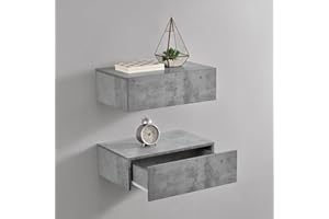[en.casa] Set di 2 Comodini Sospesi Mensole da Parete con Cassetto Integrato Mobiletti Salvaspazio per Camera da Letto Ingresso Soggiorno 46x30x15 cm Effetto Cemento
