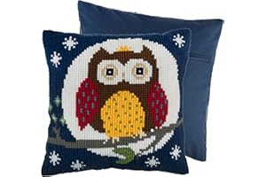 Trimits Kit de cojín de punto de cruz, respaldo de cojín incluido, lienzo preimpreso, hilo y aguja incluidos, 40 x 40 cm, búho nocturno