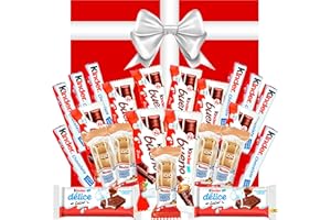 WIKIMARK Scatola di cioccolato Kinder colore rosso fiocco bianco. Regalo originale per compleanni . Include Kinder Bueno, Kinder Delice, Kinder Happy Hippo, cioccolato Kinder