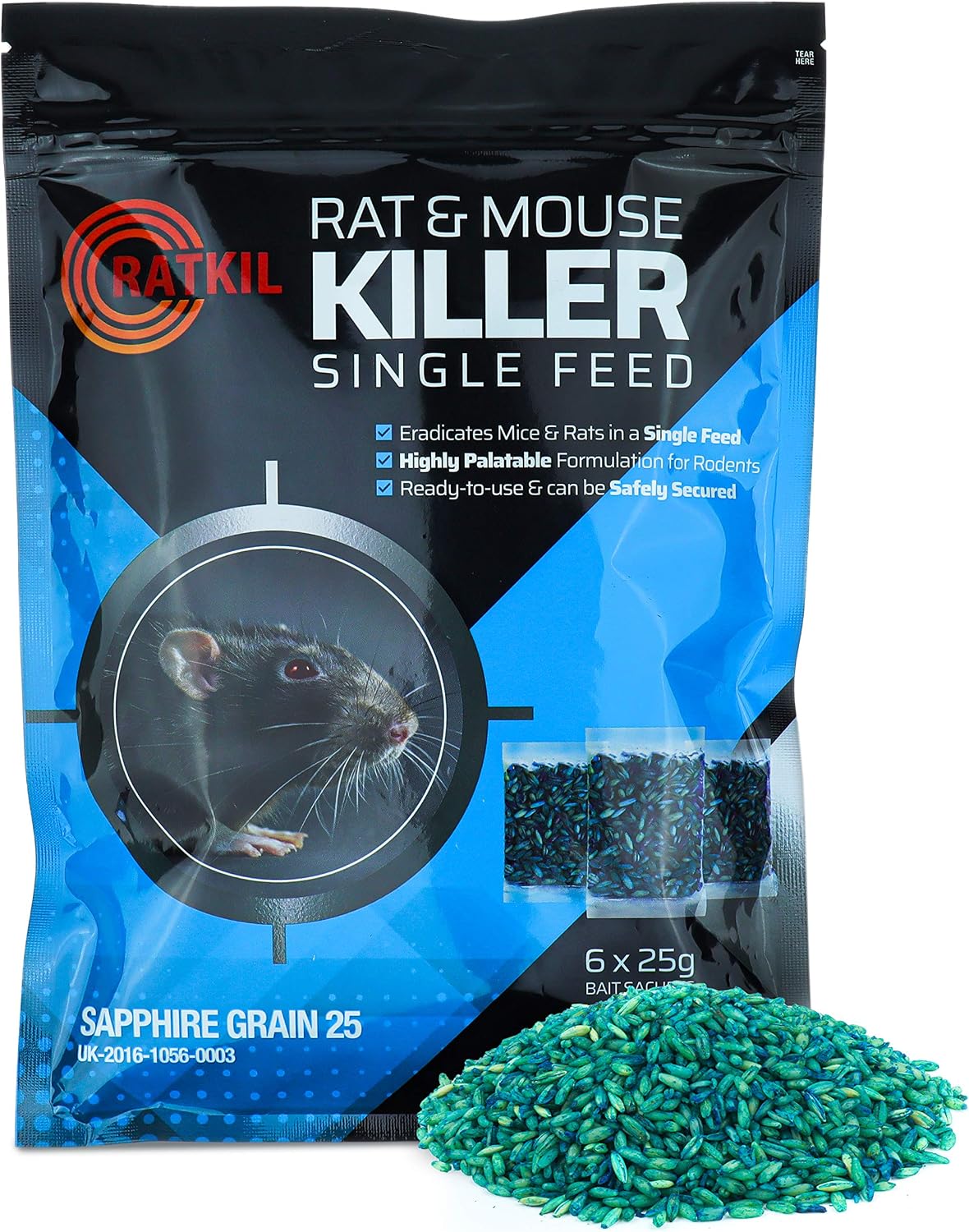 RatKil Rat Poison (6 x25g) Rat Bait & Mouse Poison Grain - Strongest Maximum Strength Rode