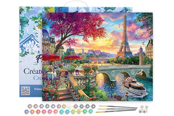 Figured'Art Peinture par Numéro Adulte avec Cadre - 40x50cm Toile tendue sur Châssis - Kit Loisir Créatif Détente - Déco DIY - Diner en bords de seine