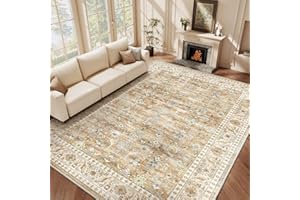 HOMFINE Vintage Area Rug for Living Room - Machine Washable Rug Soft Short Pile for Bedroom Kitchen Floral Print Traditional Rug Stain Resistant, Home Decor Office Carpet, Beige Brown, 200 * 300CM
