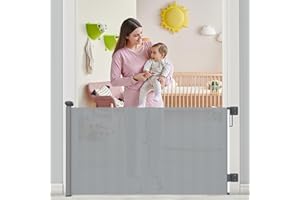 THE LYCHEE TREE Retractable Stair Gate Extend up to 55” wide, 33.86” Tall with Drilling and Non-Drilling Accessories, Baby Gate One Handed Silent Operation Grey Dog Gate for Stairways/Indoor/Outdoor