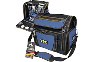 YPC Foreman Werkzeugtasche XL– Tragbare Aufbewahrungstasche mit Karabinerhaken, Wasserfest, Reißfest, Stabiler Metallgriff & Schultergurt mit Polsterung, Blau-Schwarz, 37x36x27cm – 20 kg Tragkraft