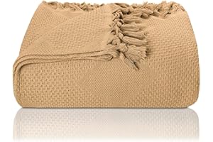 LAYNENBURG Narzuta klasy premium, z ręcznie tkanymi frędzlami, 100% bawełna, letnia narzuta o strukturze waflowej, bawełniana narzuta na łóżko, kanapę i sofę, rozmiar XXL, 220 x 240 cm, beżowa