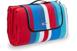Relaxdays Picknickdecke Fleece, wasserdichte Outdoordecke, wärmeisoliert, Tragegriff, XXL 200x200 cm, rot-blau gestreift