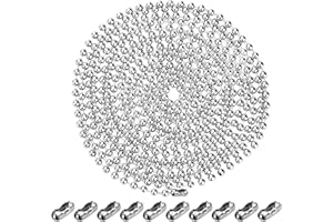 NERISSA Beaded Pull Chain Extension with Connector, Metal Beaded Roller Blind Chain, 10 Feet/3 Meter Stainless Steel Ceiling Light Fan Chain with 10 Matching Connectors for Pendants (4.5 mm, Silver)