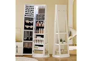 Figbird 360° Drehbarer Schmuckschrank mit 6 LEDs & Eingebautem Spiegel, Schmuckaufbewahrung mit Ganzkörperspiegel, abschließbarer Standspiegel mit Ablagefach für das Schlafzimmer