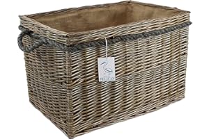 POP-IT-IN-A-PELICAN Range of Antique grey Wicker log baskets. Rope handles. Wood & kindling storage for home hearths and fireplace. Or shoes and toys (58 cm, Square)