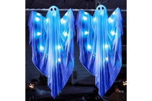 JOYIN 2 st 90 cm hängande hängande spökdekorationer utomhus, halloween vita hängande spöken med LED-lampor och timer för hems