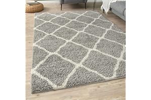 THE RUGS Shaggy Rug – Modern Moroccan Design Rugs for Living Room, Bedroom, Hallway, 3 cm Thick Area Rugs, (Moroccan Grey/Ivory, 160x230cm)