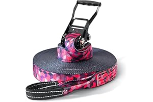 Secoroco Kit de slackline – Longueur de 15, 25 ou 35 m & Largeur de 5 cm Motif unique "Cubes", avec sac de transport/sac de gym à la mode & protection pour arbre et cliquet, manuel d’utilisation (français non garanti)