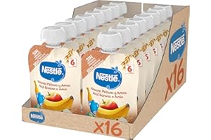 Nestlé Papillas Bolsita de puré de frutas y cereales, variedad Manzana Plátano y Avena - Para bebés a partir de 6 meses - Paquete de 16 bolsitasx90g