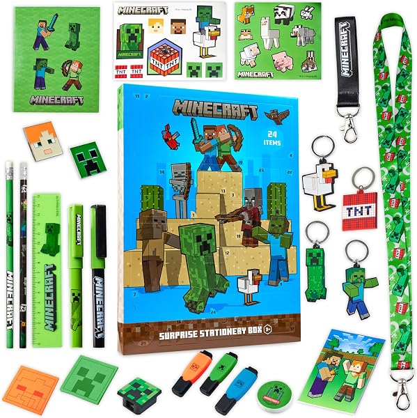 Minecraft Adventskalender Kinder 2025, Schule Schreibwaren, 24 Überraschungen mit Stifte, Radiergummi & Mehr Zubehör Creeper Gamer Geschenke für Jungs (Blau) - 1
