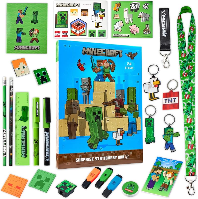 Minecraft Adventskalender Kinder 2025, Schule Schreibwaren, 24 Überraschungen mit Stifte, Radiergummi & Mehr Zubehör Creeper Gamer Geschenke für Jungs (Blau)