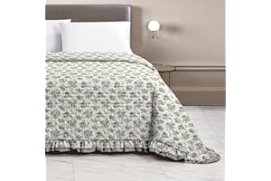 il dolce stile della tua casa Copriletto Trapuntato Matrimoniale Trapuntino Primaverile Estivo con bordo bicolor Frill (flowers tortora)