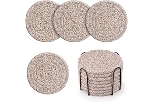 Geichan Drink Coasters with Holder, 4 Colors Absorbent Coasters, Cotton Woven Coasters Set of 8 for Table Protection, Home Decor, Glasses, Cups, Bar, Housewarming Gift