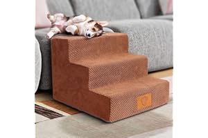 Myiosus Escalier pour Chien 3 Marches - Escalier pour Chat en Éponge avec Housse en Tissu Antidérapant, Lavable, Amovible -Escalier pour Animaux pour Canapé (Brun)