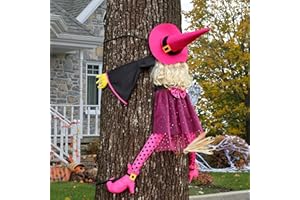 HOIIOH Halloween-Deko Outdoor – 135 cm Halloween Hexe Kracht gegen Baum, Witzige Fliegende Hexendeko zum Hängende für Garten, Vordervoranda, Gruselhaus, Outdoor/Indoor, Hof, Partydeko(Rosa)