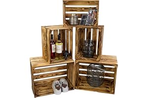 KISTENKOLLI ALTES LAND Cassette vintage fiammate, 50 x 40 x 29 cm/40 x 30 x 25 cm, decorazione per la casa, per la frutta, il vino o il fai da te (set da 5, misto)