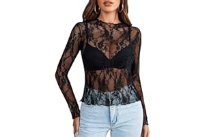 Avidlove Women's Long Sleeve Top Lace Blouse Casual Shirt Elegant Clothing Sexy Outfit Band Collar See Through Wedding