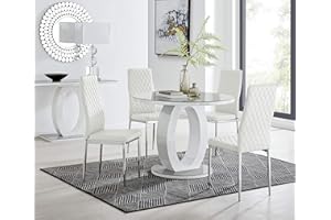 Furniturebox UK Giovani Modern Stylish Grey/White High Gloss and Glass 100cm Round Dining Table and 4 Contemporary Milan Chairs Set (Dining Table + 4 White Milan Chairs)