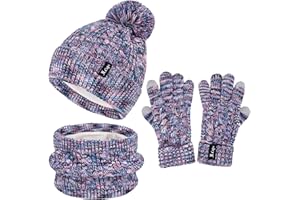 ZASFOU Enfant Fille Garçons Hiver Chapeau Bonnet Echarpe Écran Tactile Gants Set 3-6-12 Ans Tricot Pom Bonnets Casquette Cache Cou Gant Cadeaux pour Filles Garçons