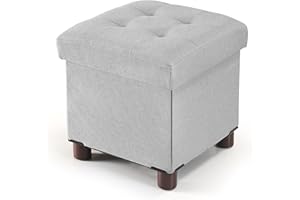 BRIAN & DANY Reposapies Salon 32x32x32.5cm, Lino Reposapies Sofa de Almacenamiento Tapizado en Esponja con Patas de Madera Maciza, Gris Claro