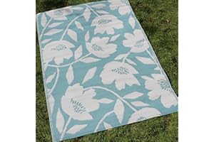 Fusion Duck Egg Flower Outdoor (120 x 170cm) -Light Botanical Print Picnic Blue Beach Blanket-Floral Balcony/Patio Rug/Mat-Luna Collection, 100% Polypropylene