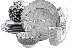 vancasso Haruka Porcelain Dinner Set for 4, Japanese Style Crockery Black White Dinnerware Tableware, 16 Pieces Dinner Service with Dinner Plates, Dessert Plates, Cereal Bowls and Mug
